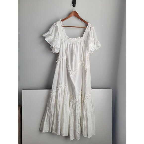 Free People Women Harriet Dress L White Ruffle Cottage Puff Sleeve Midi Boho NWT - Picture 6 of 7